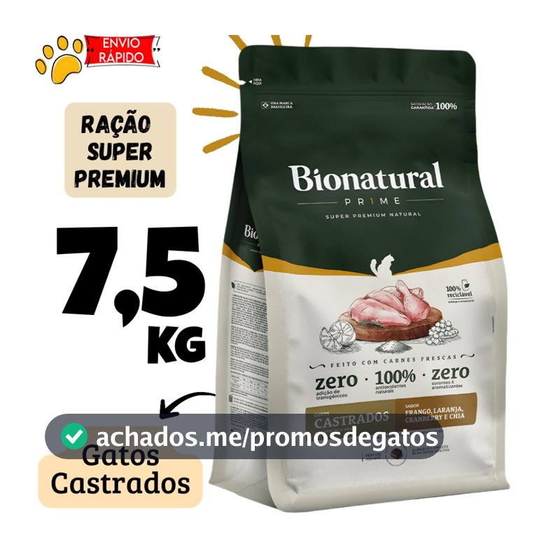 Ração Bionatural Gato Castrado 7,5kg  Super Premium Sabor Frango