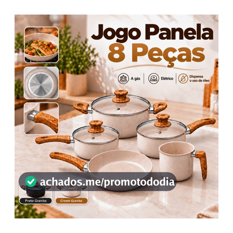 Conjunto de Panelas 8 Peças Caçarola Frigideira Cerâmica Antiaderente Premium Tampa Vidro Temperado