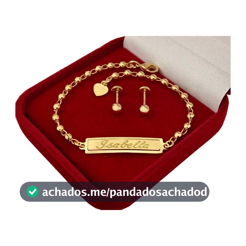 Kit Brinco e Pulseira Nome Infantil Bebê Criança Feminino Folheado a Ouro 18k