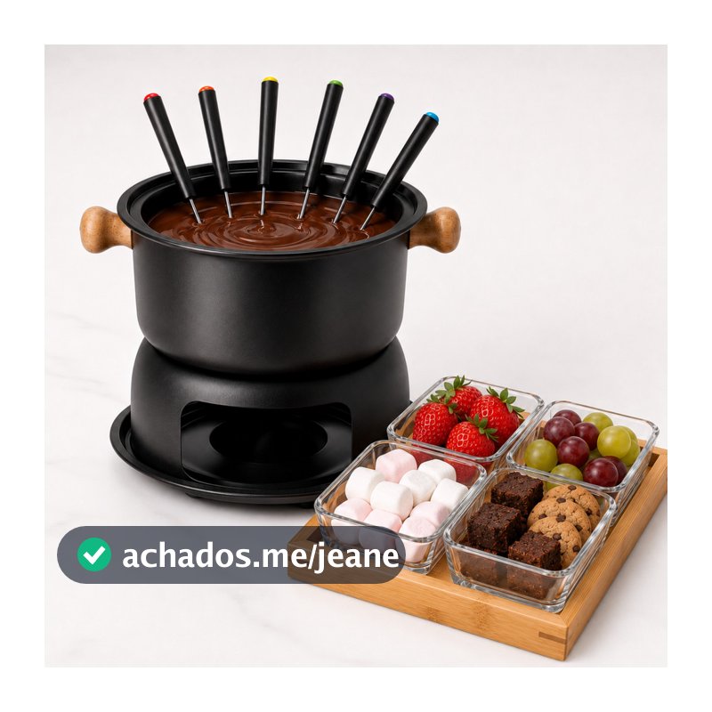 Conjunto Fondue 12 Peças Preto Chocolate Queijo com Petisqueira e Gamela