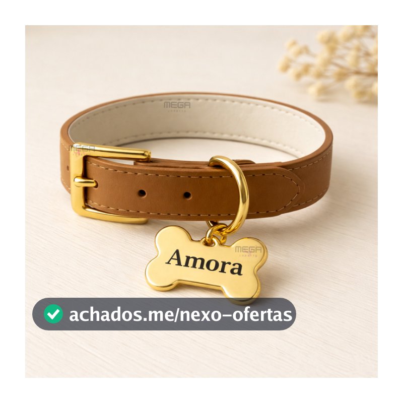 Coleira de Couro com Osso com Nome do Cachorro ou Gato Personalizado
