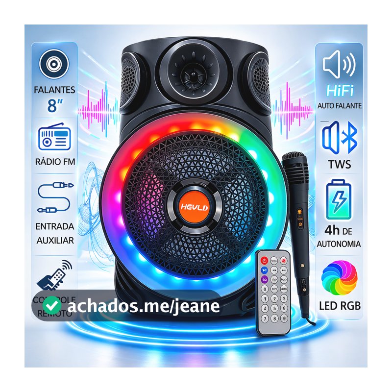 Caixa de Som Bluetooth Potente 2000W PMPO RGB + Microfone Karaokê USB SD Portátil