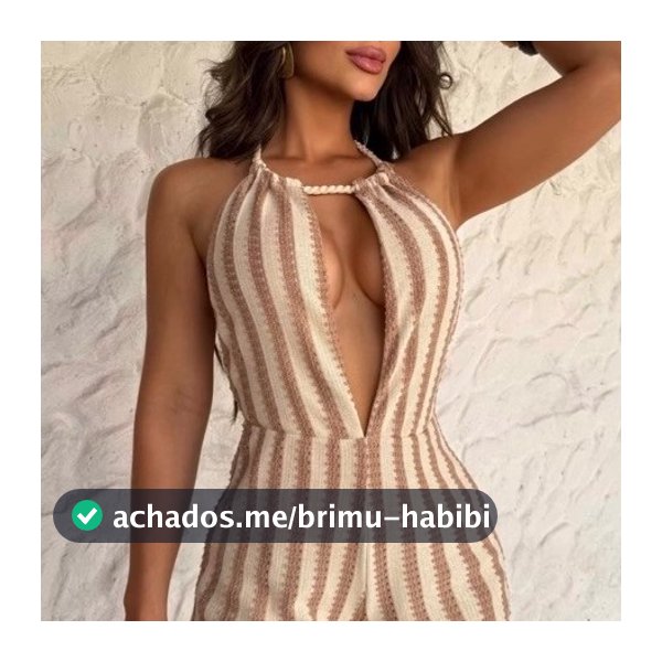 Macaquinho Feminino Malha Crochê Listrado com Amarração no Pescoço Elegante Verão Tamanho Único 36 ao 42