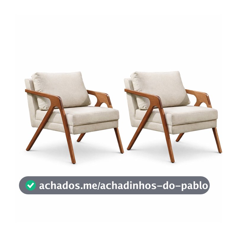 Kit Conjunto 2 Poltronas Decorativa Mona Luxo Madeira Maciça Linho Recepção Escritório Sala De Estar ENVIO IMEDIATO