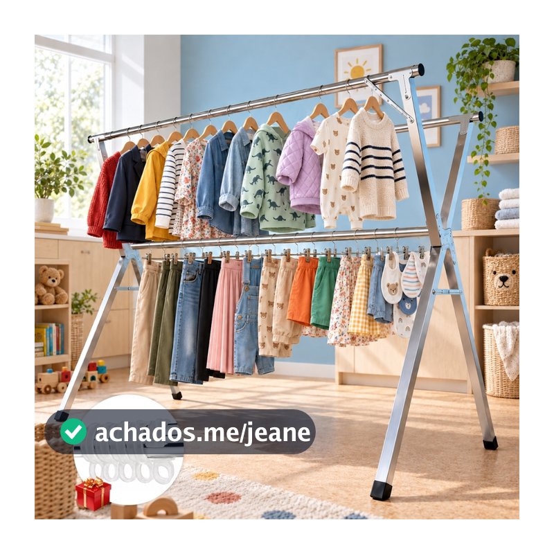 Varal de Chão Inox Dobrável 60kg Sem Instalação 3 Barras 2,4m com 20 Ganchos Anti-vento