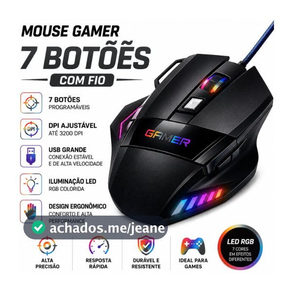 MOUSE GAMER COM FIO  7 BOTOES E 3 BOTOES MAUSE COM LED RGB 2.400 DPI ÓPTICO ILUMINAÇÃO COLORIDA PARA JOGOS VIDEO GAMERS