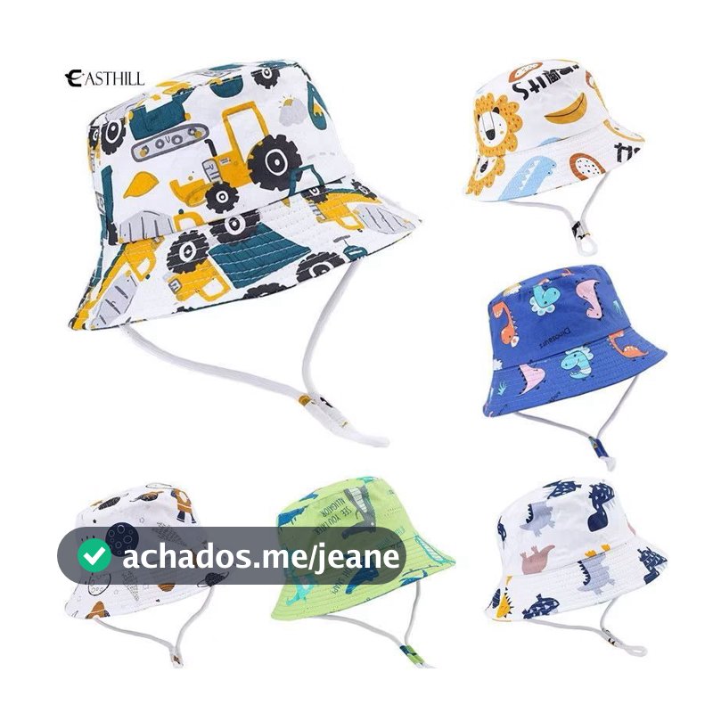 Chapéu Bucket Infantil Unissex Com Regulagem Cordinha Proteção Solar Uv Praia Dino Tubarão Bebê