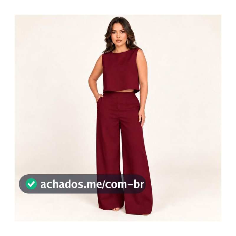 Conjunto Feminino Blusinha + Calça Pantalona conforavel com Bolsos Laterais em Linho  e Elástico na Cintura nas costa