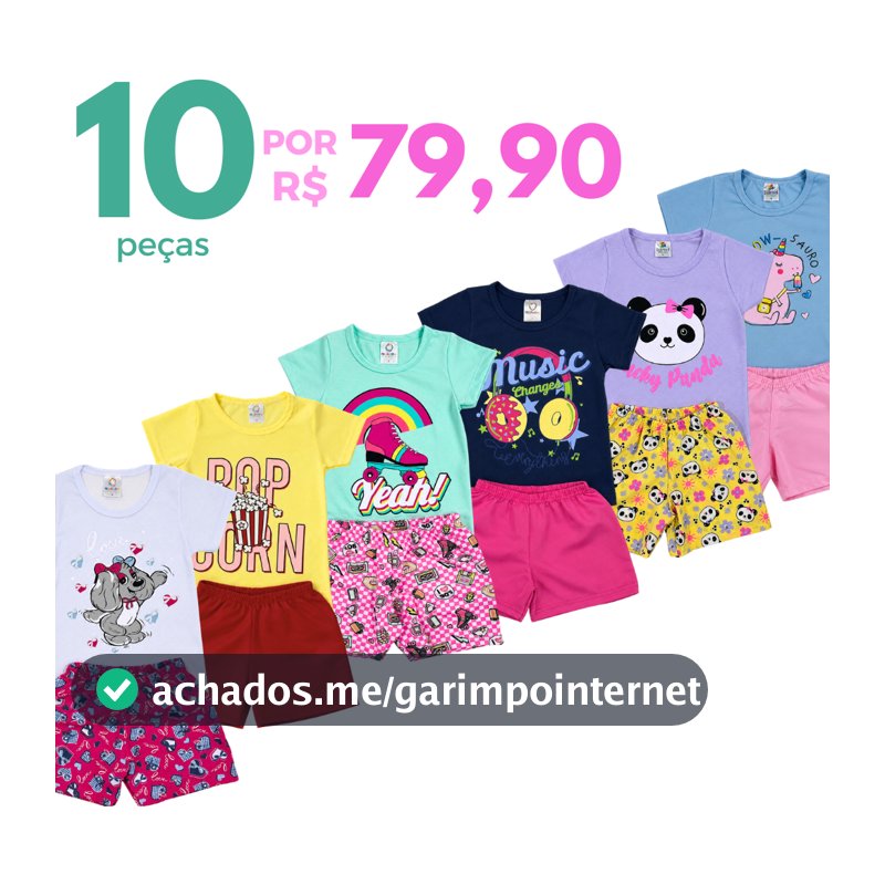 Kit 10 Peças Roupa Infantil Menina Verão Conjunto Sortido Estampado Camiseta + Shorts Liso 5 Conjuntos