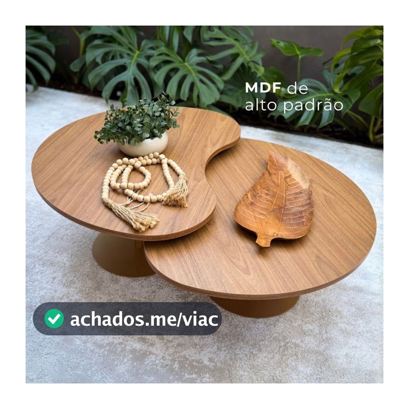 Kit 2 Mesas de Centro Orgânica Moderna Sala de Estar Madeira MDF Estrutura Metal Dourado Alto Padrão