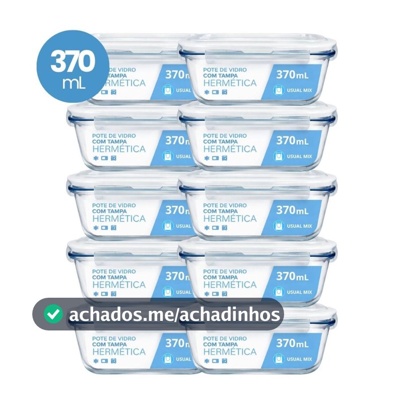 Kit 10 Pote Vidro Hermético Marmita 370ml Micro-ondas Freezer Forno Organização Geladeira