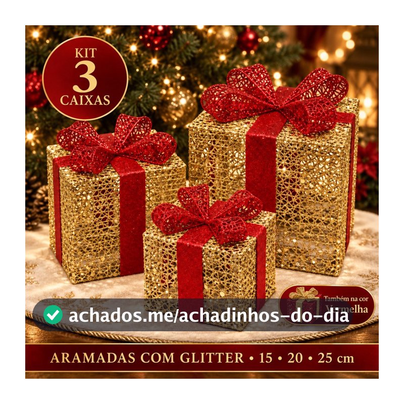 Caixas Presente Decorativas Natal Kit 3 Enfeites Árvore de Natal Glitter Laço Aramada Vermelha