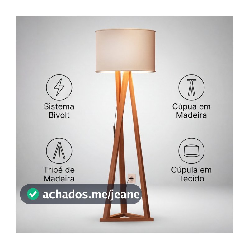 Luminária Chão Tripé Madeira Cúpula Abajur Sala Quarto Escritório Moderna Elegante Decorativa