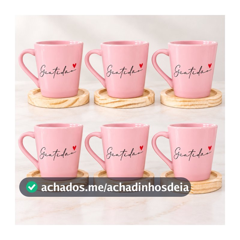 Kit 6 Xicaras / Canecas Porcelana Rosa 120ml C/ Pires De Madeira Redondo Gratidão Spot
