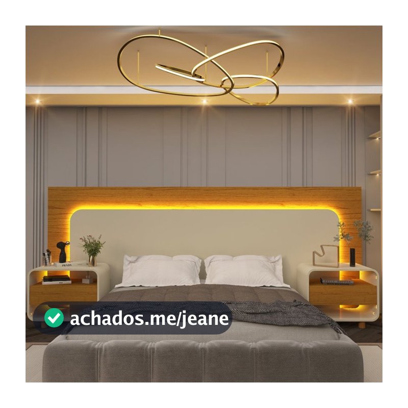 Cabeceira Box Casal com 2 Mesas de Cabeceira com LED Innova 100% MDF Branco Off White/Nature