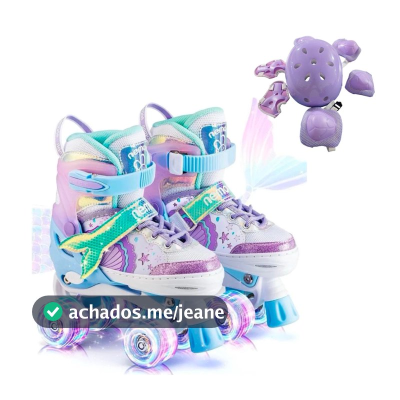 Patins Infantil 4 Rodas Quad Roxo Sereia Com Led Patins Meninas Com Proteção Ajustavel Com Freios
