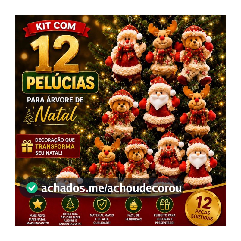 Kit 12 Enfeites Bonecos Pelúcia Arvore de Natal Pendente Acessório Decoração Natalina Pingente Ursinho Papai Noel Rena