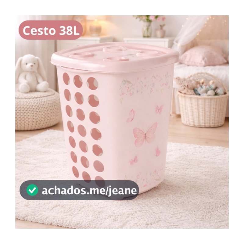 Cesto de Roupa Infantil 38L Tampa Plasútil Baby Organizador Quarto Bebê Safari Verde Borboleta Rosa