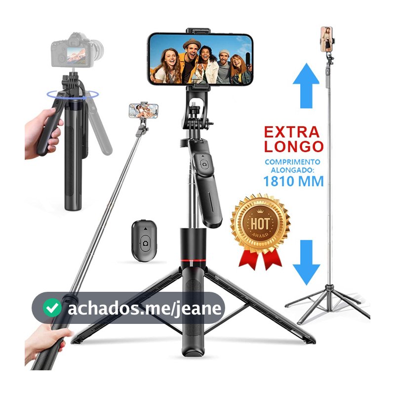 Selfie Stick Tripé 1.8M/2M/1.7M, 4 Eixos 360° Rotação Anti-tremor+ Controle Bluetooth Sem Fio para Vlog