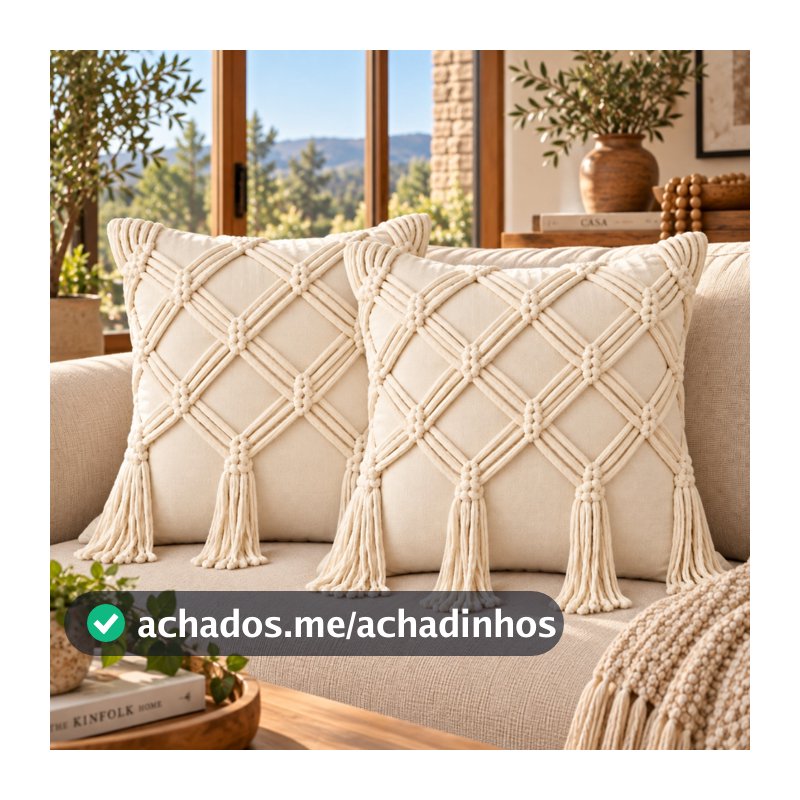 Kit 2 Capas de almofadas Decorativas algodão Pompom Trance Boho Chic Rustica Artesanal Cru