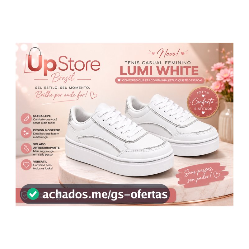 👟 TÊNIS CASUAL FEMININO LUMI WHITE, Elegância, conforto e versatilidade em um só tênis! cod. 038