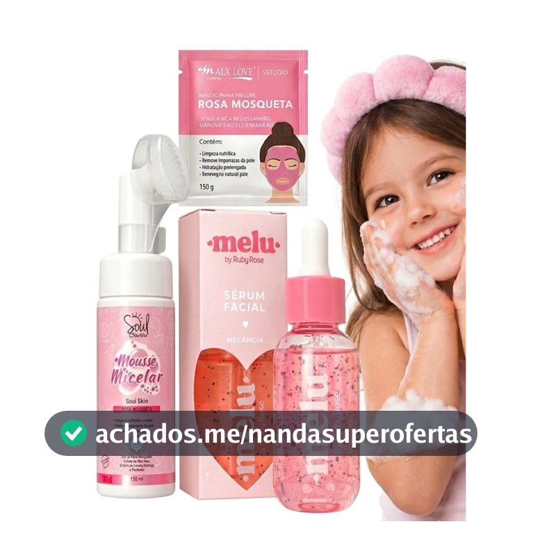 Kit Skincare feminino Melu Melancia + Mousse Micelar + Máscara Facial Rosa Mosqueta Spa Day Menina