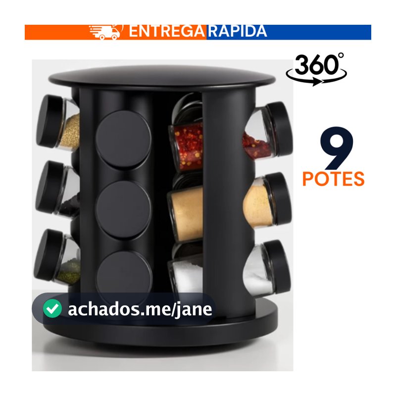 Porta Temperos Giratório 9 Potes Profissional Vidro Tampa Dosadora Preto Condimento Premium PROMOÇÃO