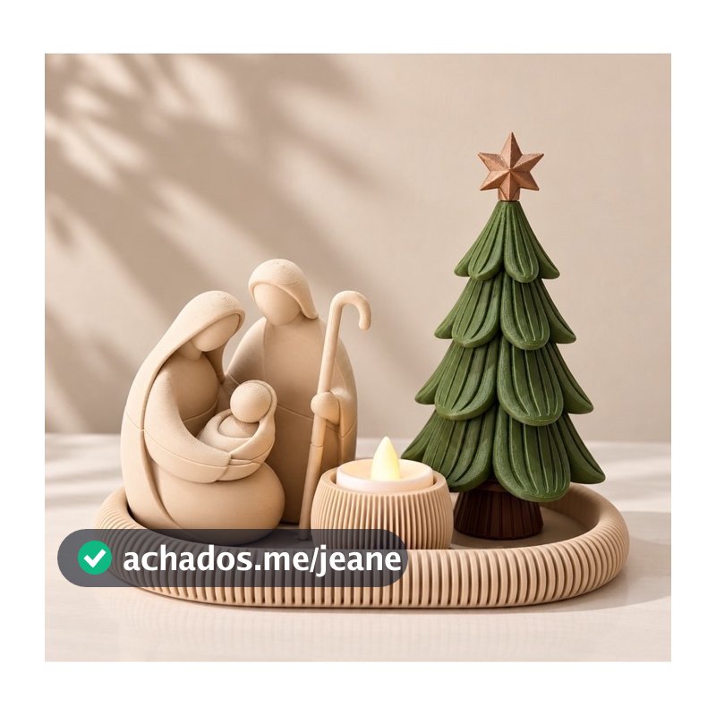 Presépio de Natal Sagrada Família com Árvore de Natal e Bandeja Decorativa 3D