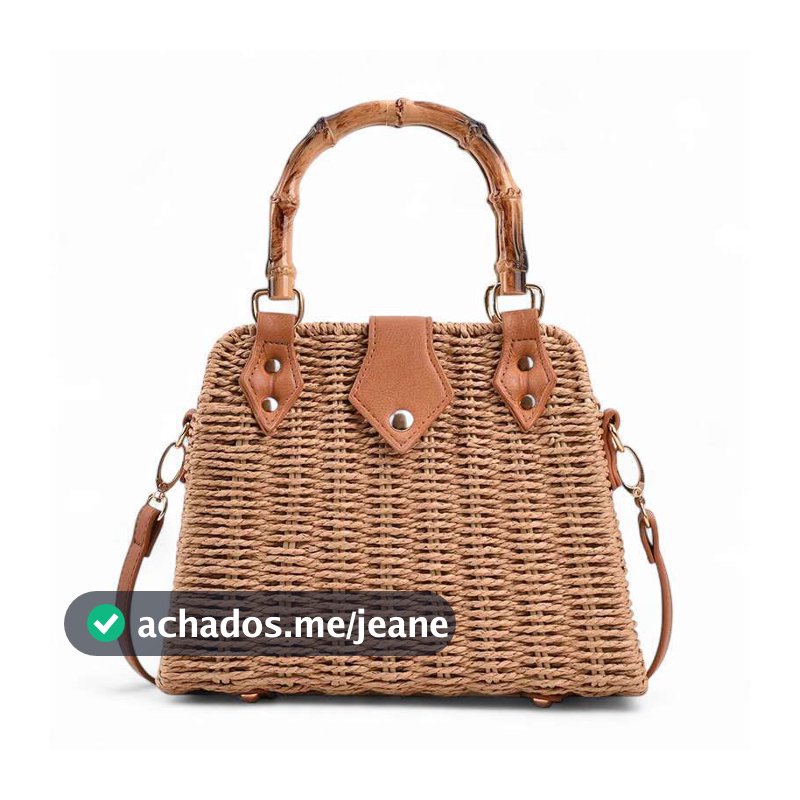 Bolsa Palha Com Alça De Mão Estilo Bambú E Transversal Forro Liso Detalhe De Couro Sintético