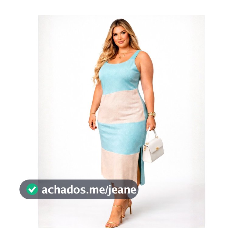 Vestido Plus Size Midi com Gola Redonda, Alça Fina e Fenda Lateral Verde Azul e Linho GG G1 G2 G3 G4