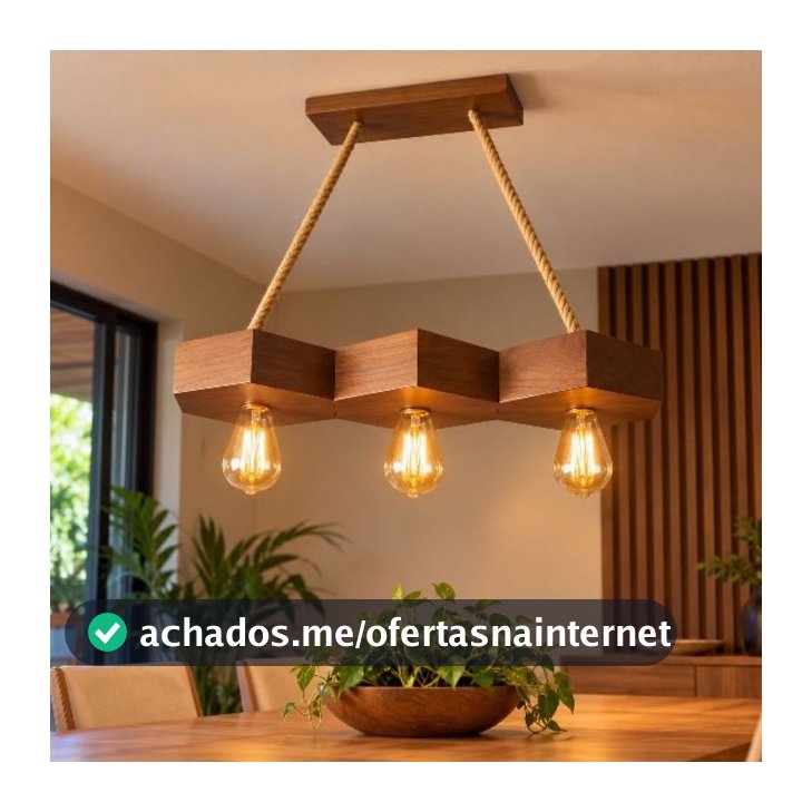 Luminária de madeira rústica moderno, de teto, 48 cm para 3 lâmpadas.