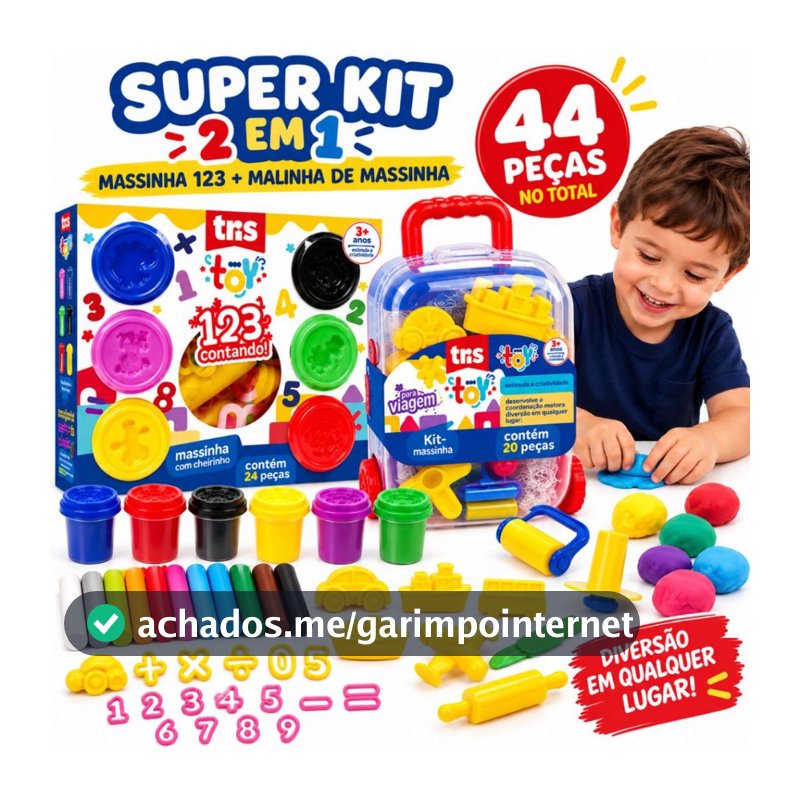 Kit Maleta de Massinha 18 Cores Com Moldes Veículos Carro Avião Ônibus Números Rolinho Ferramentas 44 Peças Brinquedo