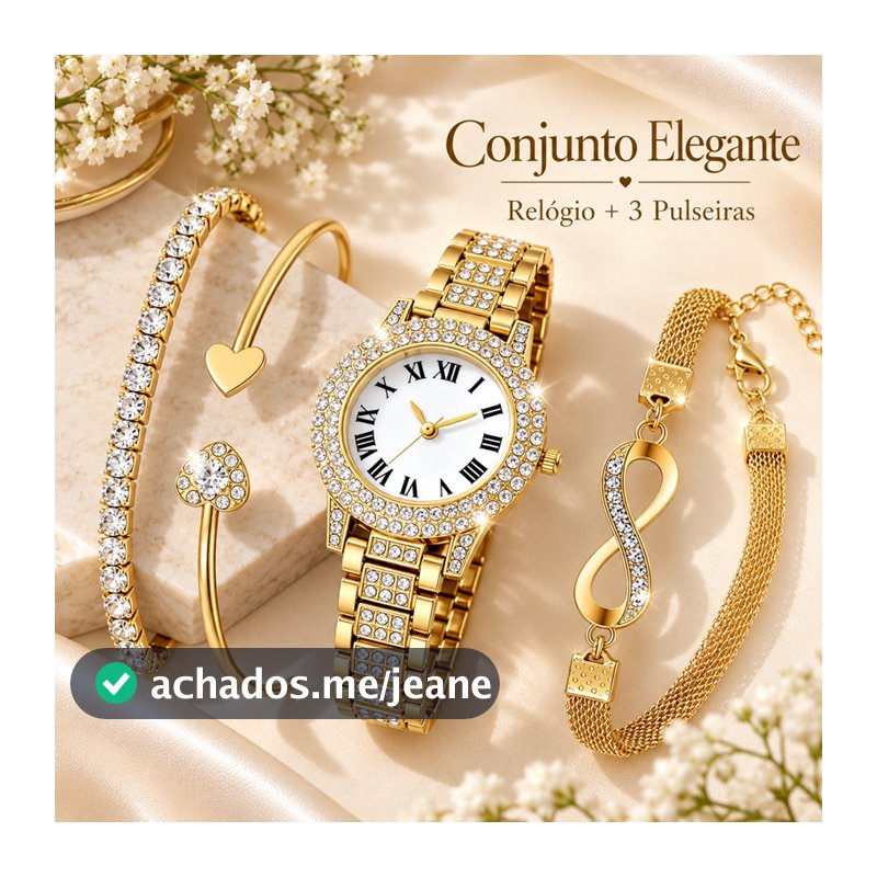 Kit Relógio Feminino Dourado + 3 Pulseiras Coração Infinito Strass 4 Peças