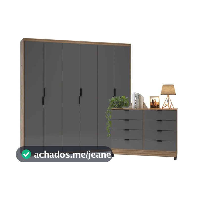 Guarda-Roupa 6 Portas + Cômoda 8 Gavetas Puxador Metálico Design Industrial Para Quarto