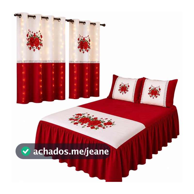 KIT DE QUARTO CASAL FLORAL 5 PEÇAS, COLCHA COM BABADO MEDIND 2.45 x 2.50M e DUAS CORTINA PARA JANELA