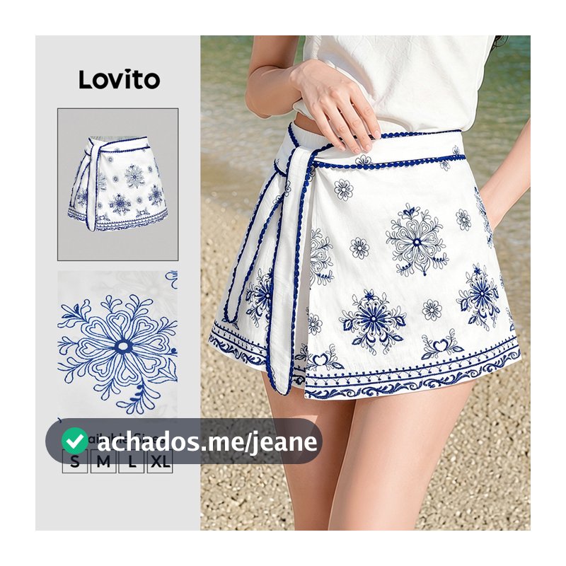 Lovito Férias Shorts de com Flores e Cadarço Shorts de Primavera/verão para Mulheres Bordado L150ED175