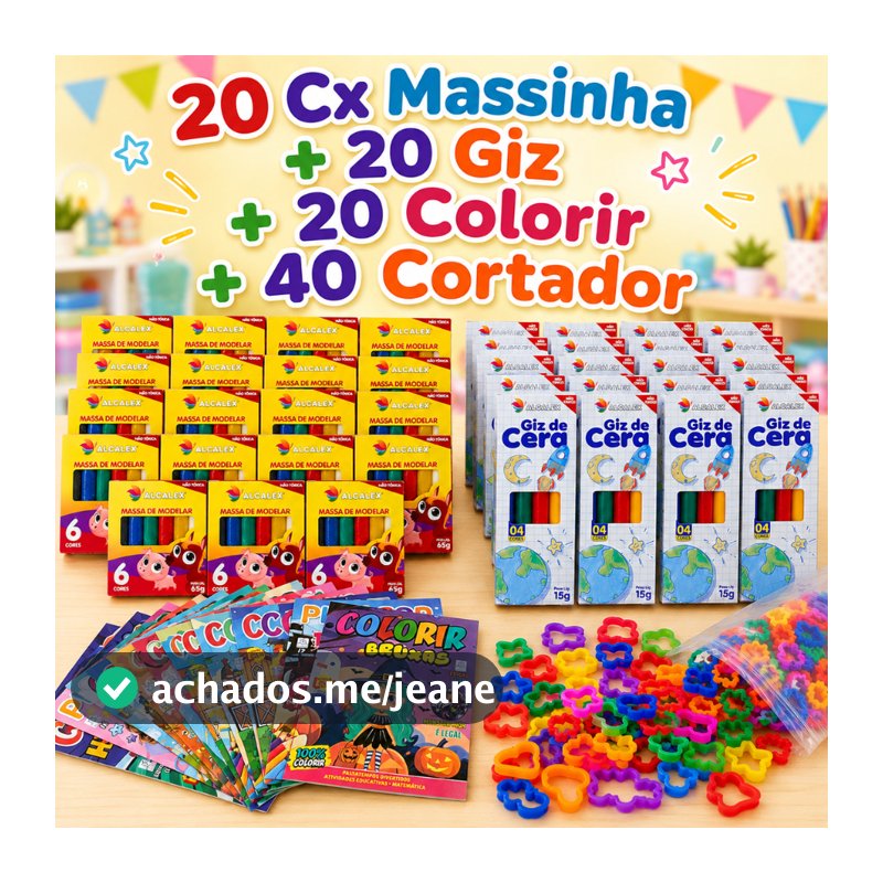 20 Cx Massinha de Modelar + 20 Colorir/Atividades  + 20 Giz de Cera + 40 Cortador Lembrancinha Infantil
