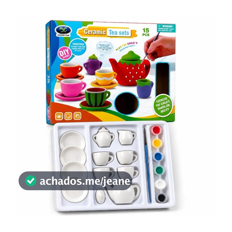 Kit Jogo de Chá Infantil Cerâmica Para Pintar 15 Peças Com Tinta Guache +4 Anos