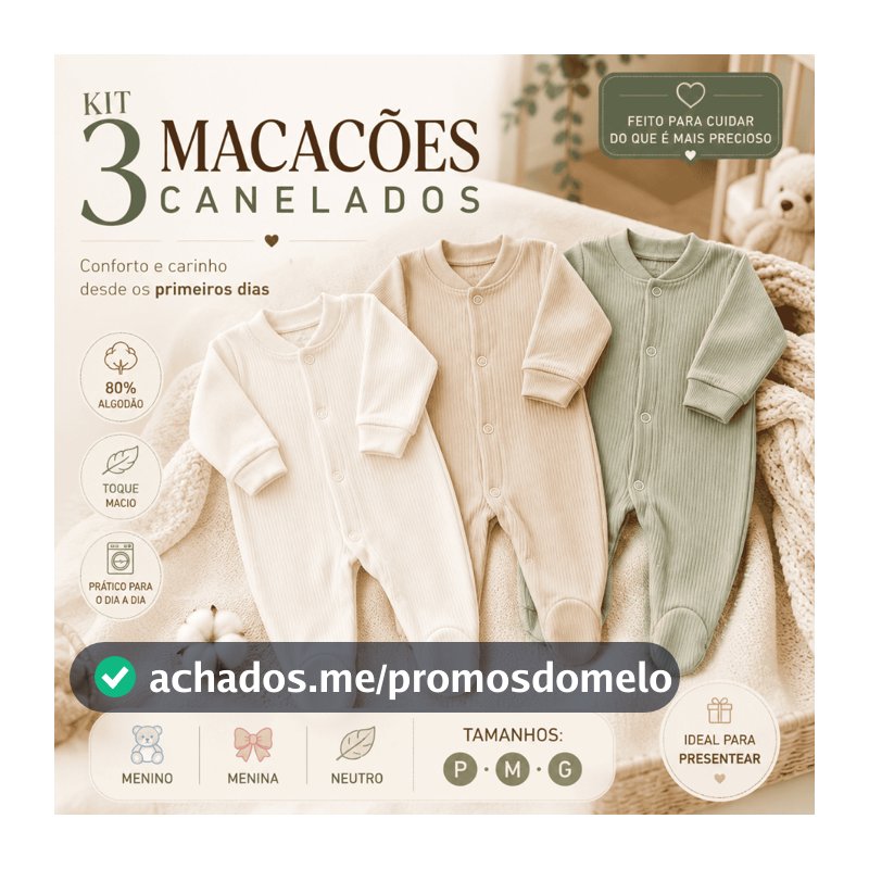 Kit 3 Macacões Bebê Suedine Canelado Manga Longa Com Pé 80% Algodão P M G