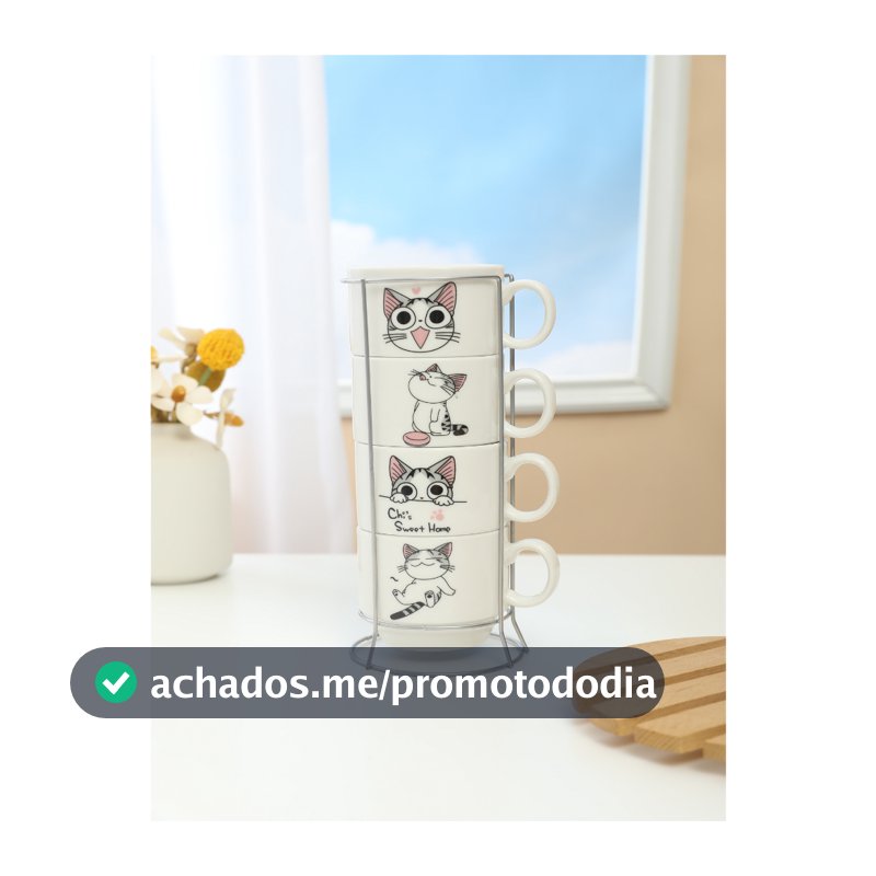 Kit 4 Xícaras Cerâmicas + 1 Suporte Torre de Metal 160ml - Pets/Gatinhos