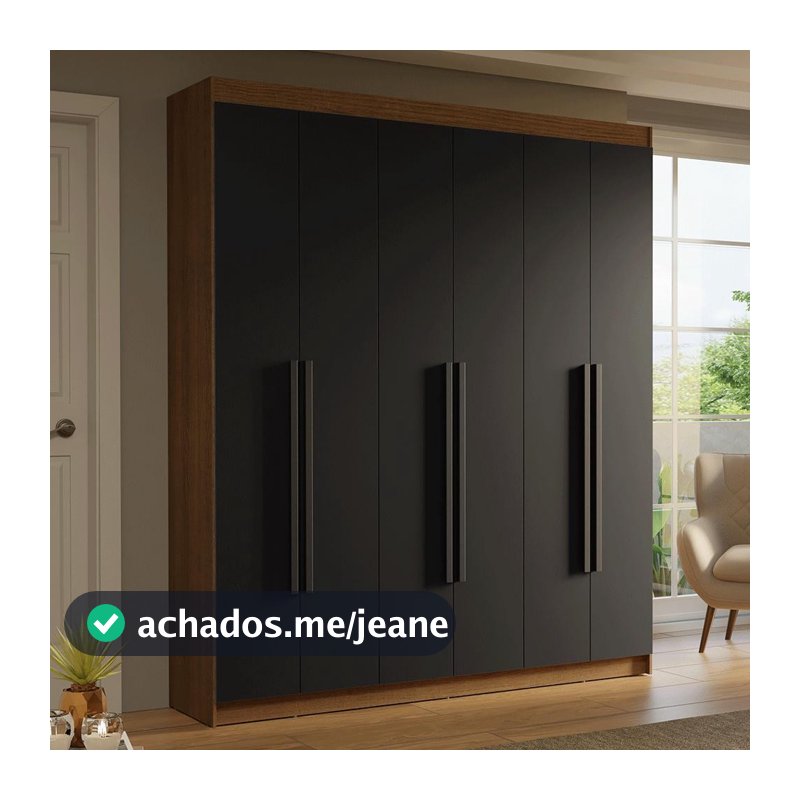 Guarda-Roupa Casal 6 Portas Batentes Rustic/Preto/Preto Saturno Madesa