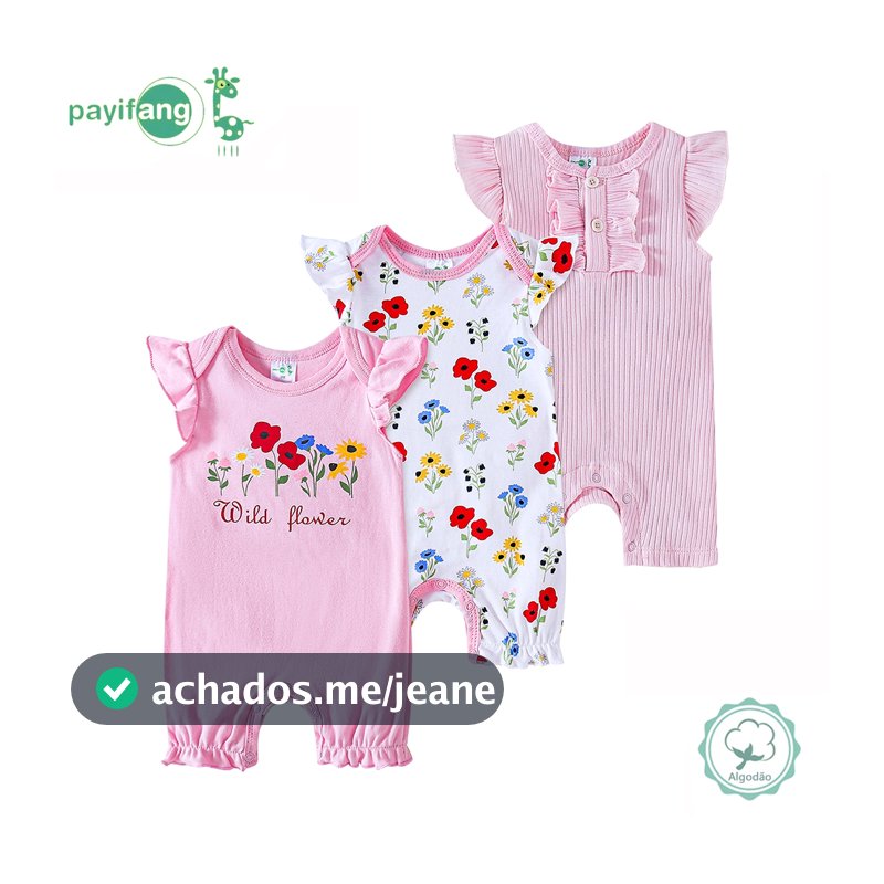 Kit 3 Macacão Bebê Menina Curto Sem Mangas 100% Algodão Estampa Flores Selvagens Roupa de Verão TM-3200