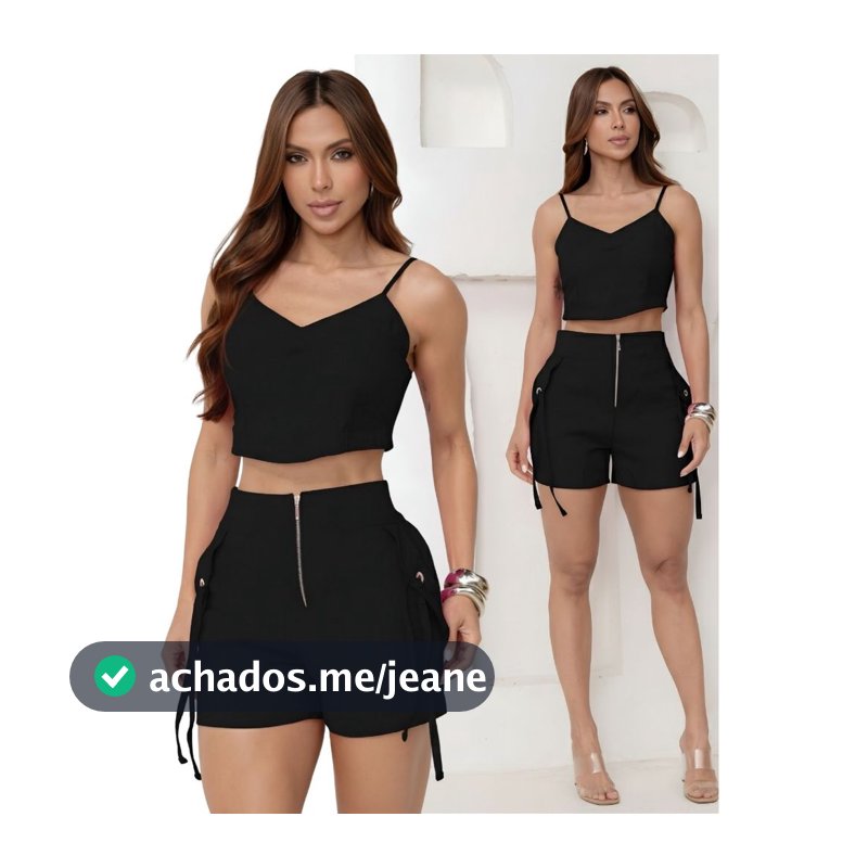 Conjunto Feminino Cropped com Bojo e Shorts com Ilhós Alfaiataria Viscose Cintura Alta Elegante Clássico Verão