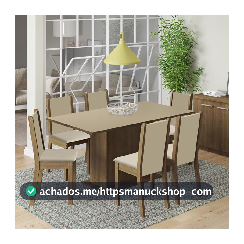 Conjunto Sala de Jantar Madesa Ohana Mesa Tampo de Madeira com 6 Cadeiras - Rustic/Crema/Pérola