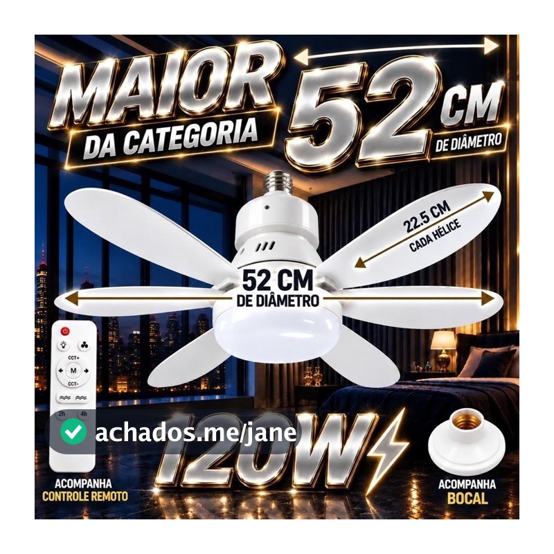 Lâmpada LED com Ventilador E27 120W - Iluminação Ajustável e Ventilação Silenciosa - 120W-52Cm