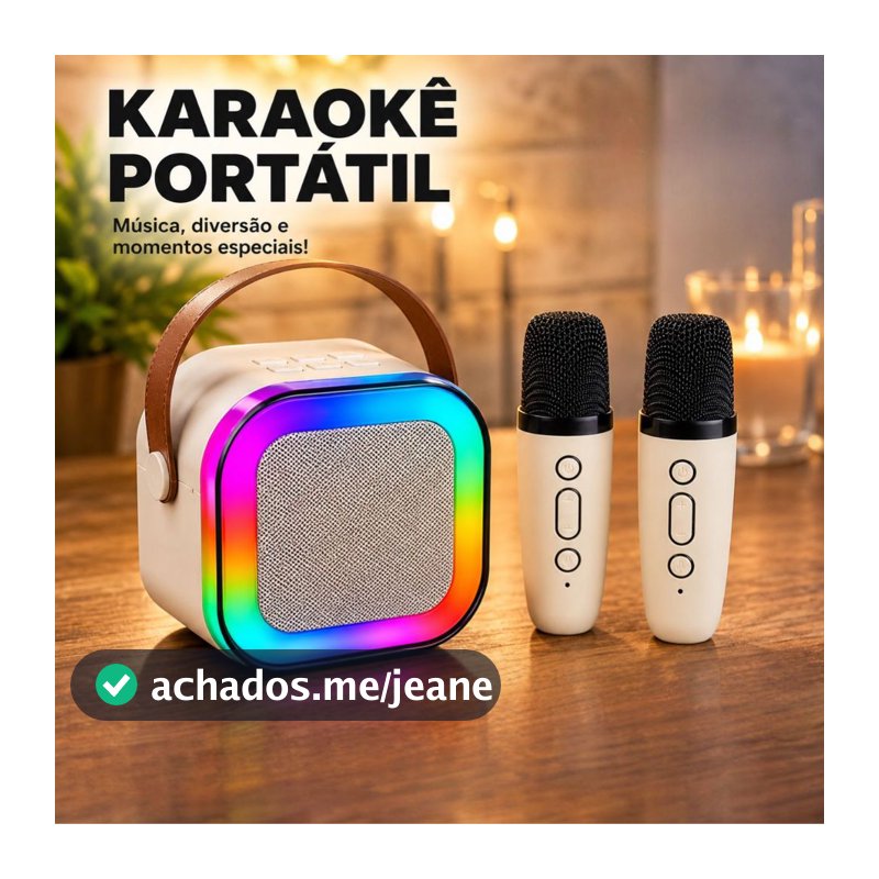 Caixa de Som Bluetooth Karaokê com 1/2 Microfones Sem Fio Infantil LED RGB K12 Portátil Recarregável