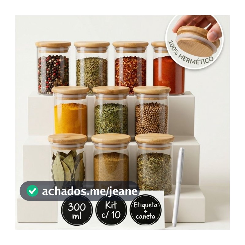 Kit Porta Tempero Vidro Hermético Tampa Bambu 300ml Potes Para Temperos de Vidro Pote Hermetico Tempero 10 unidades