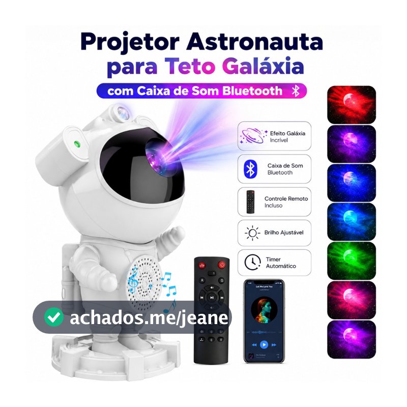 Projetor Astronauta Galáxia Bluetooth Caixa de Som Ruído Branco 15 Efeitos LED Infantil