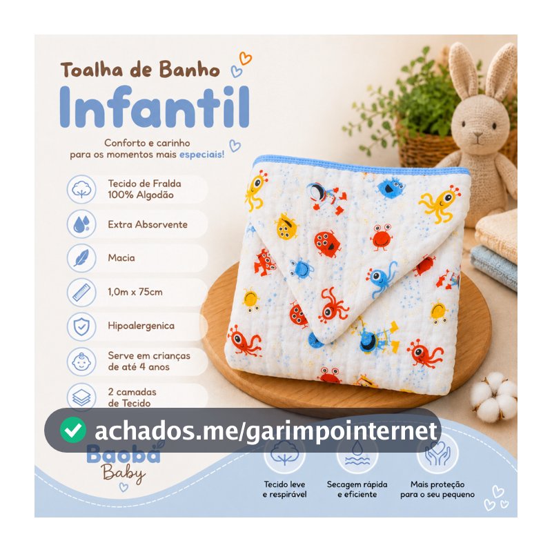 Toalha de Banho Infantil Grande Com Capuz 100% Algodão Macia Tecido de fralda 1,0m x 75cm