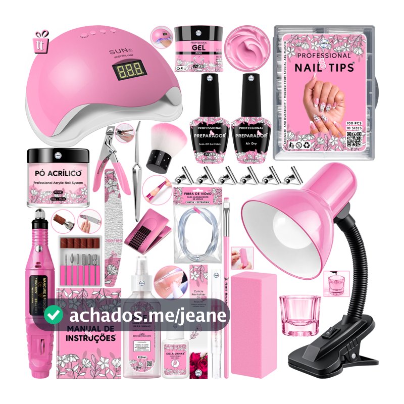 Kit Unha Gel Completo Cabine Sun 5 48W Lixadeira Caneta Pedicure e Manicure Alongamento Extensão Unhas Porcelana Acrigel